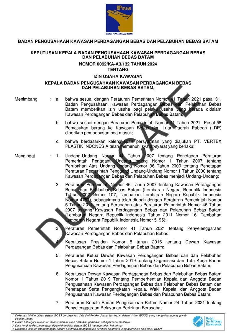 BP Kawasan License Certificate